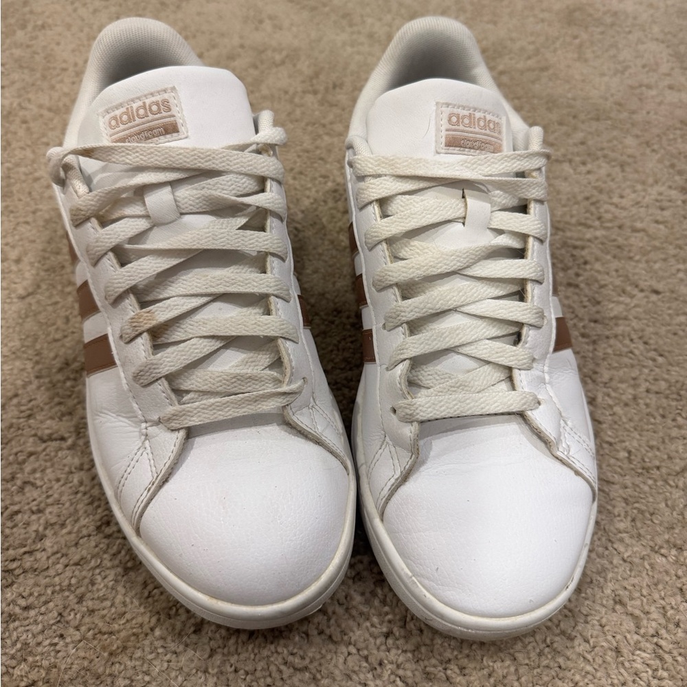 Adidas White and Rose Gold Cloudfoam Sneakers